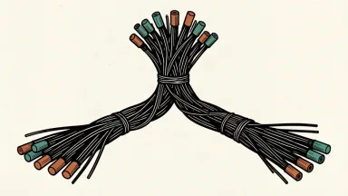 An editorial illustration showing a single optical cable trunk splitting into four distinct paths of varying thickness to represent Ciena's new reporting segments and growth targets.