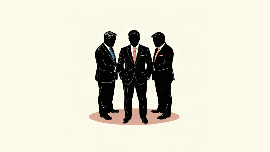 Three dark silhouettes of diplomats in suits standing in a close, coordinated circle against a plain ivory background.