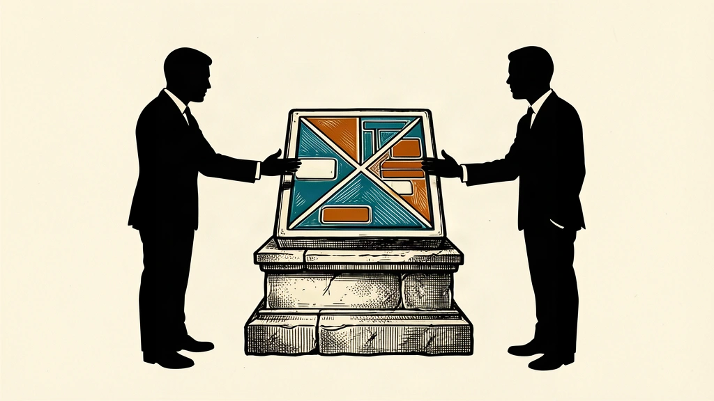 An editorial illustration showing two silhouettes discussing a digital payment tile on a stone pedestal.