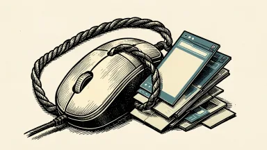 GoDaddy facing a securities fraud lawsuit: a computer mouse with its cord looped like a lasso around a stack of digital browser windows.