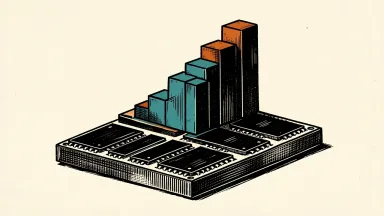Micron memory module with a series of rectangular blocks rising from its surface like a staircase, representing revenue and guidance beating estimates.