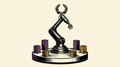 UiPath recognized as a leader in process orchestration: a robotic arm on a central platform holds a laurel crown above surrounding pillars.