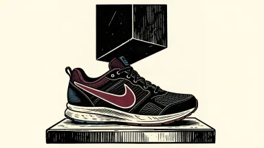 An editorial illustration of a Nike sneaker being compressed by a heavy descending block, symbolizing a significant price target cut and downgrade.