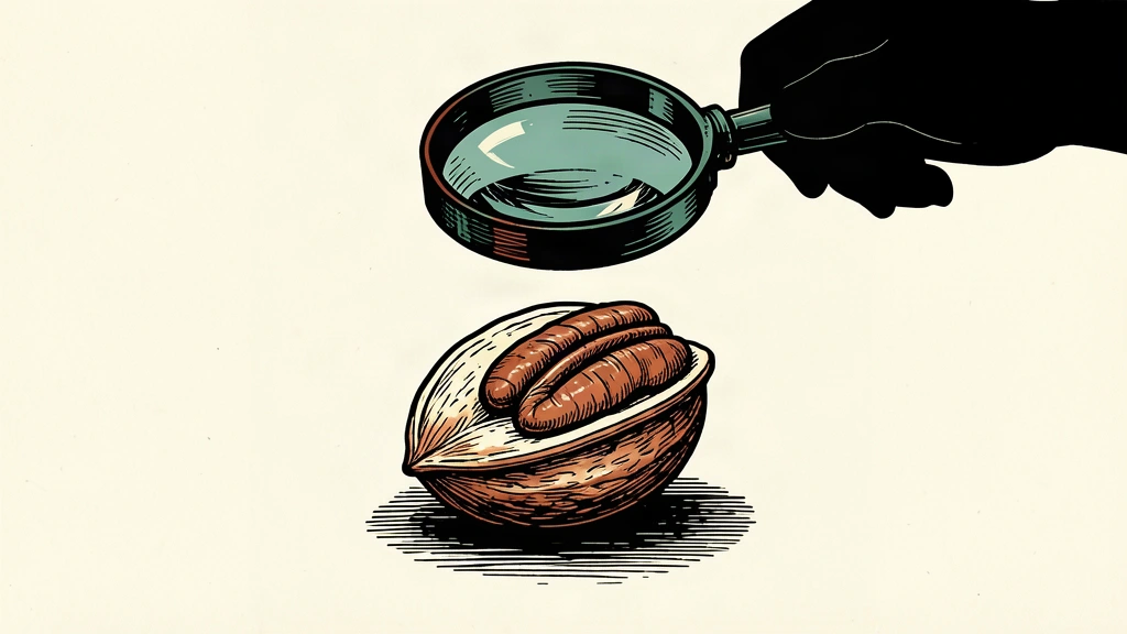 An editorial illustration showing a single pecan under the close inspection of a large magnifying glass.