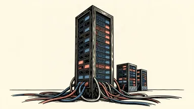 A towering server rack looms over a smaller group of data centers, representing the massive surge in AI infrastructure spending.