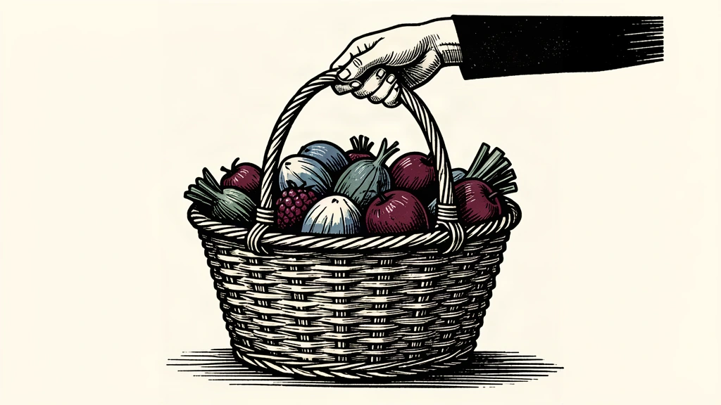 An editorial illustration of a market basket being lifted, symbolizing the modest rise in consumer prices.