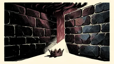 A conceptual scene of a stone wall facing a dark mass, with a crown on the ground illuminated by a single beam of light.