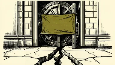 HDFC Bank facing a securities class action over misclassified costs: a bank vault door partially hidden by a marketing banner as the floor beneath it cracks.