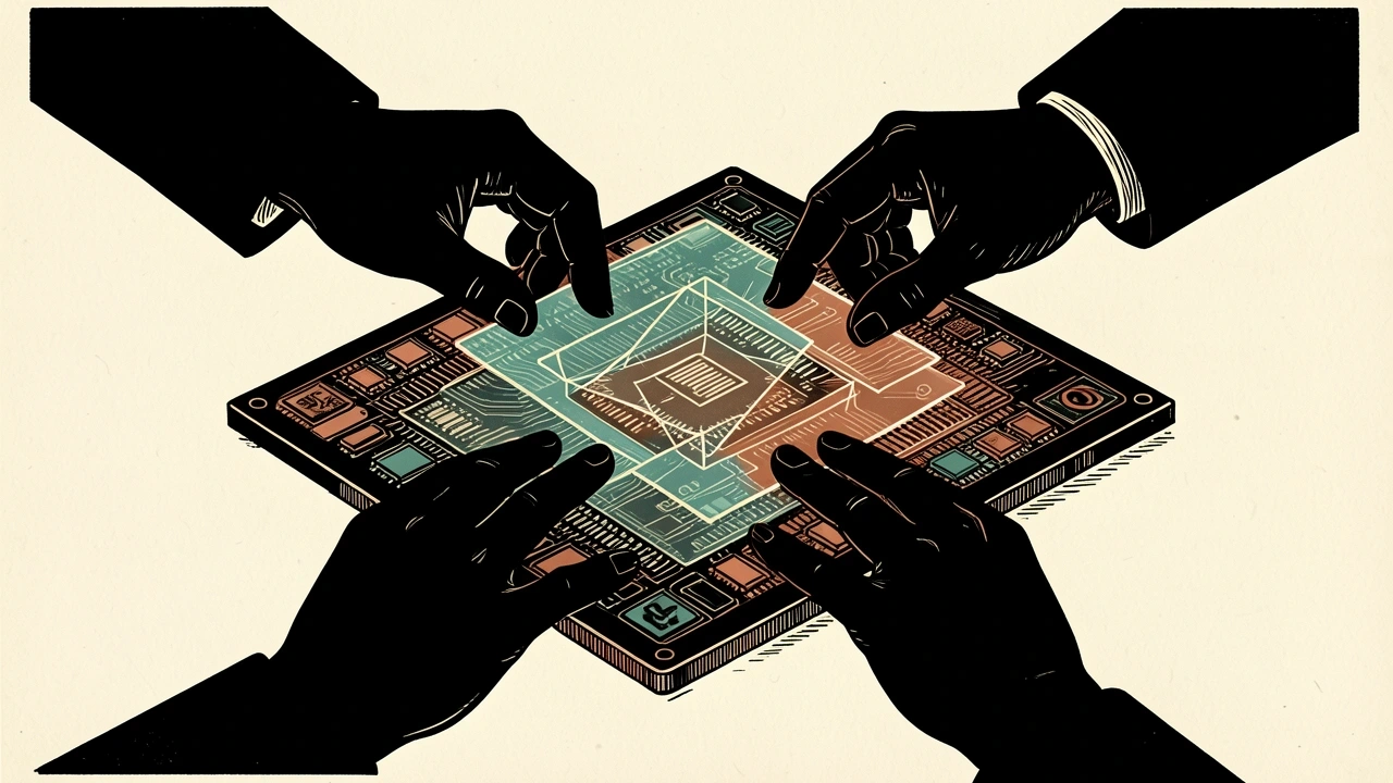 Applied Materials and Intel collaborate on AI chip development: two pairs of hands carefully align an advanced packaging layer onto a silicon wafer.