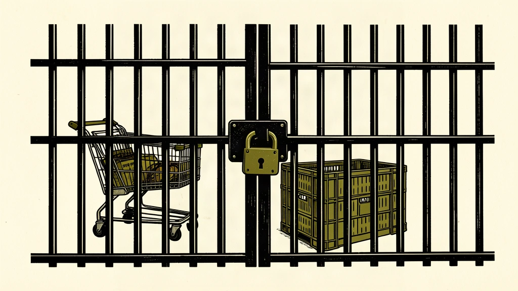 A heavy iron gate padlocked shut, separating the viewer from a grocery cart and food crate.