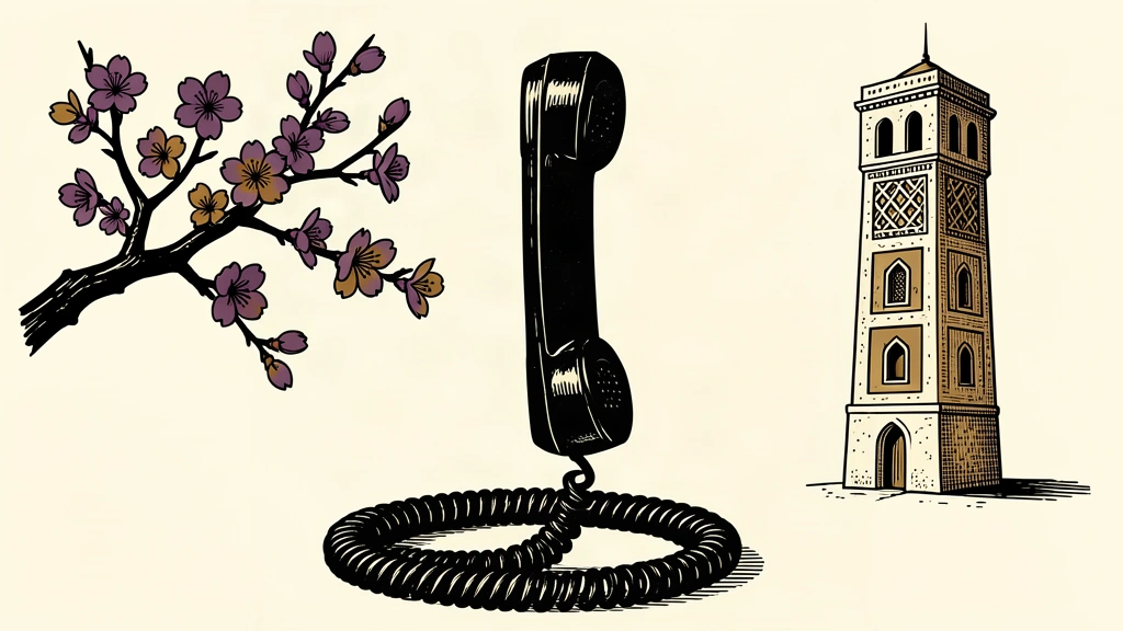 A black telephone handset stands between a Japanese cherry blossom branch and a Yemeni tower house.