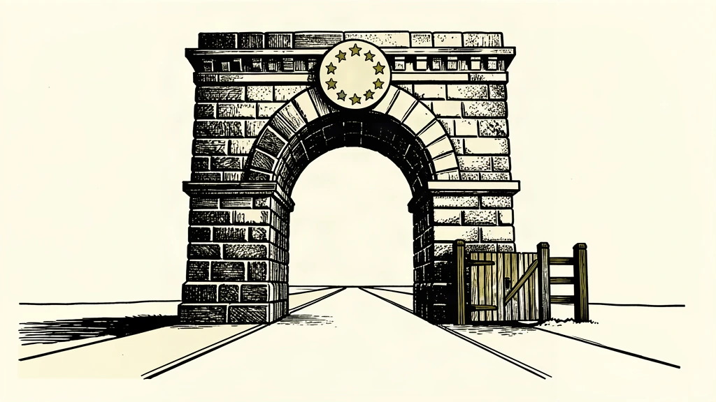 A large stone archway with a star motif stands over a road that leads past a smaller, closed gate.