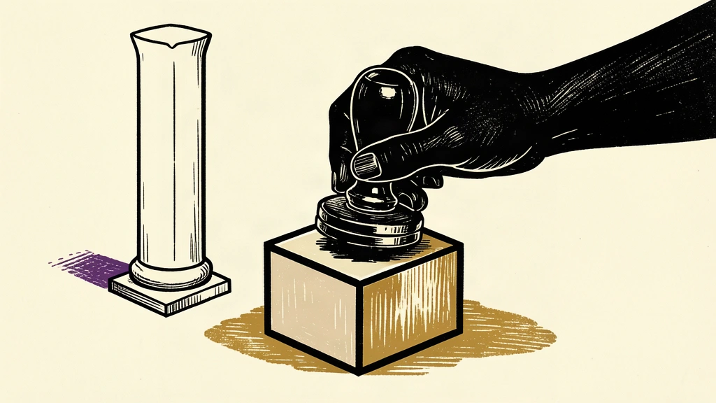 An editorial illustration showing a hand using a heavy stamp to mark a blockchain link, signifying new agency rules after a legislative pillar remains unused.