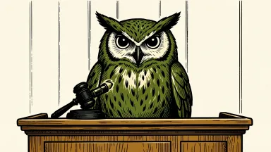 Duolingo facing a securities class action lawsuit: a green owl mascot stands at a witness stand behind a large black gavel.