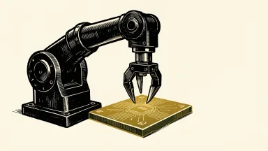 Nvidia and the German government focus on industrial AI: a heavy industrial robotic arm reaches toward a glowing microchip.