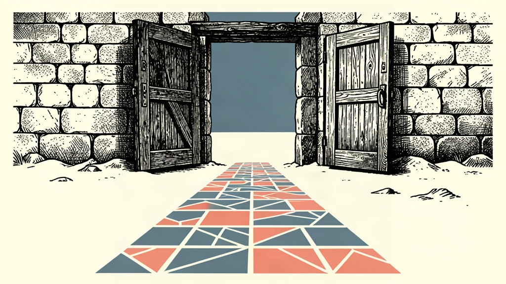 A massive stone gateway stands open as a stream of digital tiles flows through it.