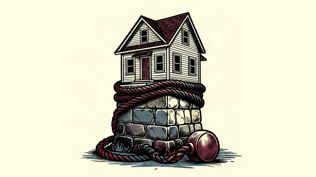 An editorial illustration showing a house being pulled down by a heavy rope as its base rises, representing the increasing burden of mortgage rates.