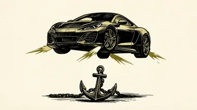 Tesla Roadster hovering with thrusters while tethered to a heavy anchor on the ground.