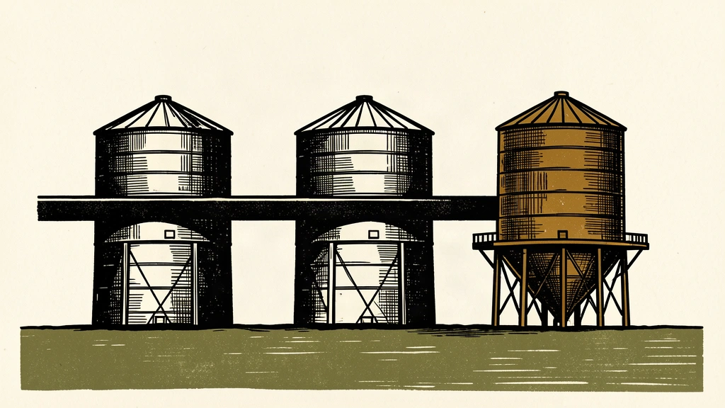 An editorial illustration showing three oil silos where one is being lowered by a beam and another is being raised by a platform to represent shifting forecasts.