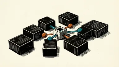 Nasdaq Calypso launching agentic AI: autonomous spheres moving to connect and bridge gaps between heavy blocks representing the trade lifecycle.