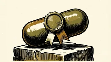 AbbVie's JUVMO receives FDA approval: a large pharmaceutical capsule on a stone base marked with an official wax seal.