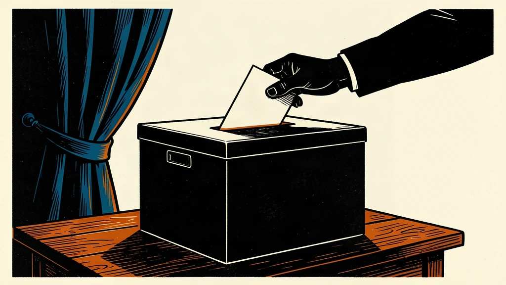An editorial illustration of a hand casting a ballot into a glowing box, framed by a heavy dark curtain.