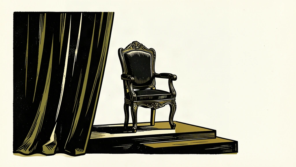 An empty ceremonial chair on a platform being partially covered by a closing curtain.