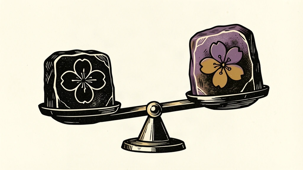 A balance scale with two stone blocks shows the Korean won block, marked with a Mugunghwa flower, resting slightly lower than the Japanese yen block marked with a cherry blossom.