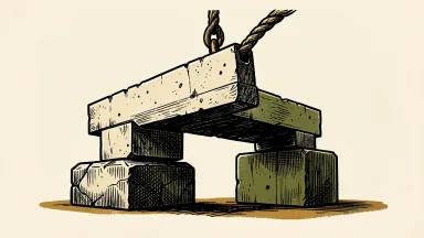 Ferrovial price target cut by JPMorgan: a heavy bridge segment being lowered from one solid stone support to a shorter one.