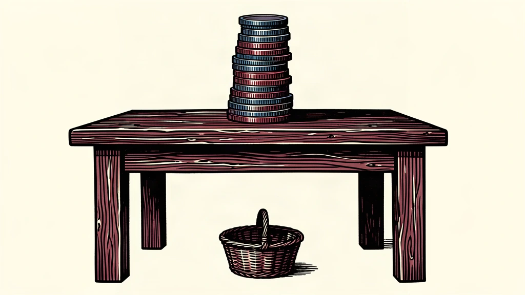 A tall stack of coins on a high table towers over a small, empty basket on the floor.