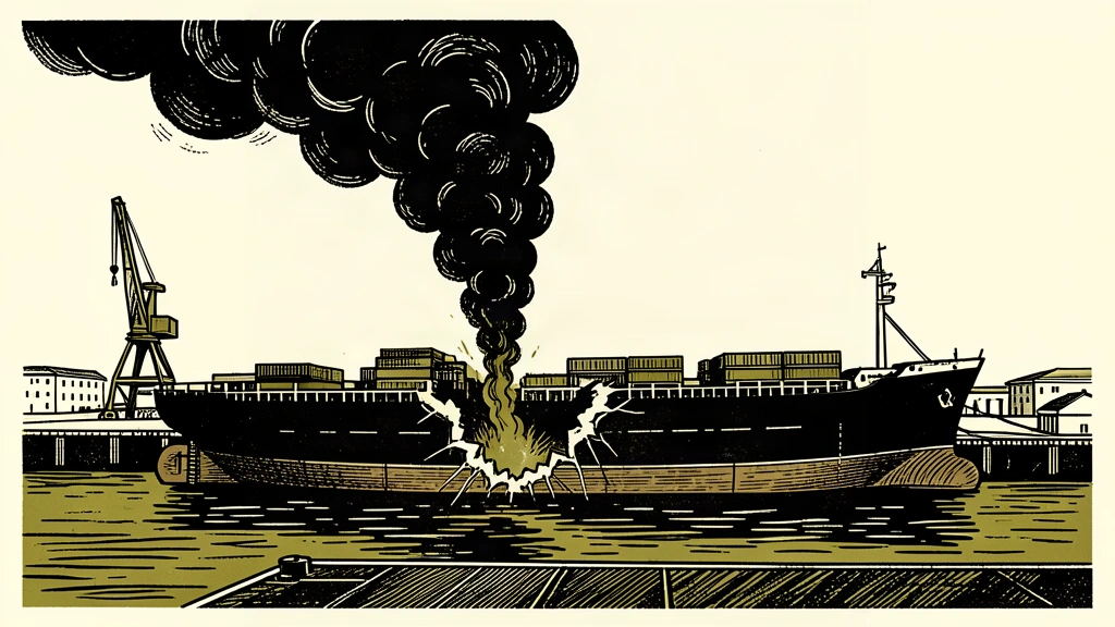 An editorial illustration of a damaged cargo ship at a port with smoke rising from a hull breach.