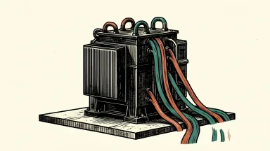 PowerCompute increases power capacity at its Mississippi site: a large electrical transformer connected by heavy cables to a row of data center server racks.