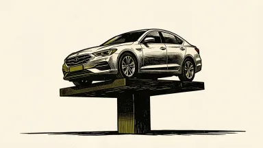 CarMax beats earnings and resumes buybacks: a sedan being elevated on a solid rising platform.