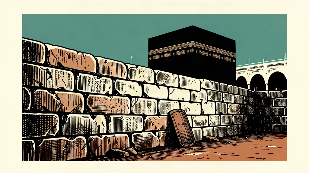 An editorial illustration showing a large stone wall protecting the silhouette of the Kaaba, representing the denial of a threat.