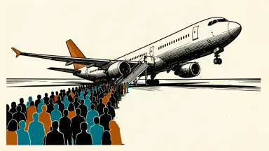 A commercial jet on a runway with a massive, widening stream of passengers boarding, illustrating a significant growth forecast.