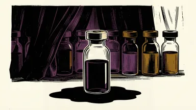 A medical vial stands alone as a dark barrier descends to block the path of other vials in the background.