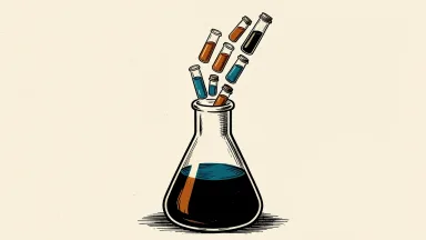 Sanofi expanding its pipeline through M&A: a large laboratory flask releasing a steady stream of smaller glass vials into the air.