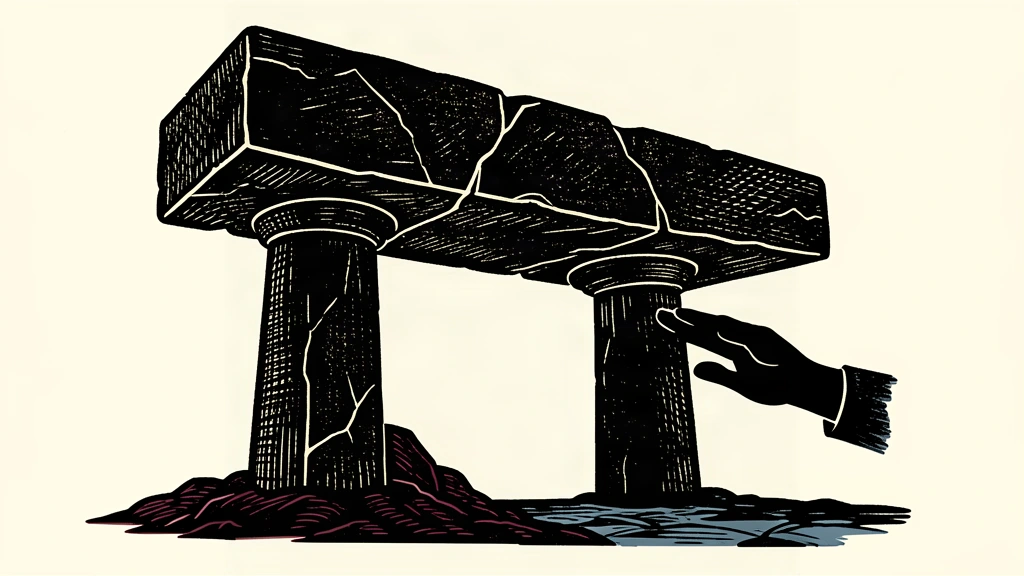 An editorial illustration of a stone structure leaning slightly as the ground beneath one support settles, representing a missed economic forecast.