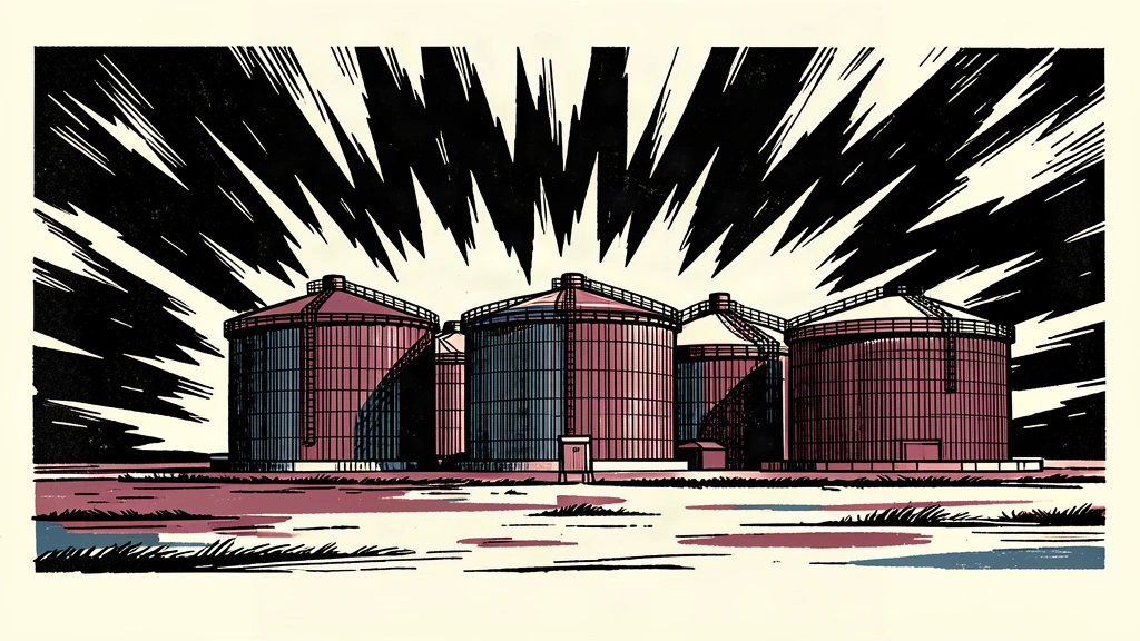 A protective barrier shields a row of industrial oil silos from distant abstract bursts.