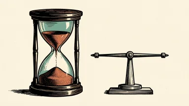 Workday is represented by an hourglass with sand settled low, beside a balanced scale, suggesting a neutral rating.