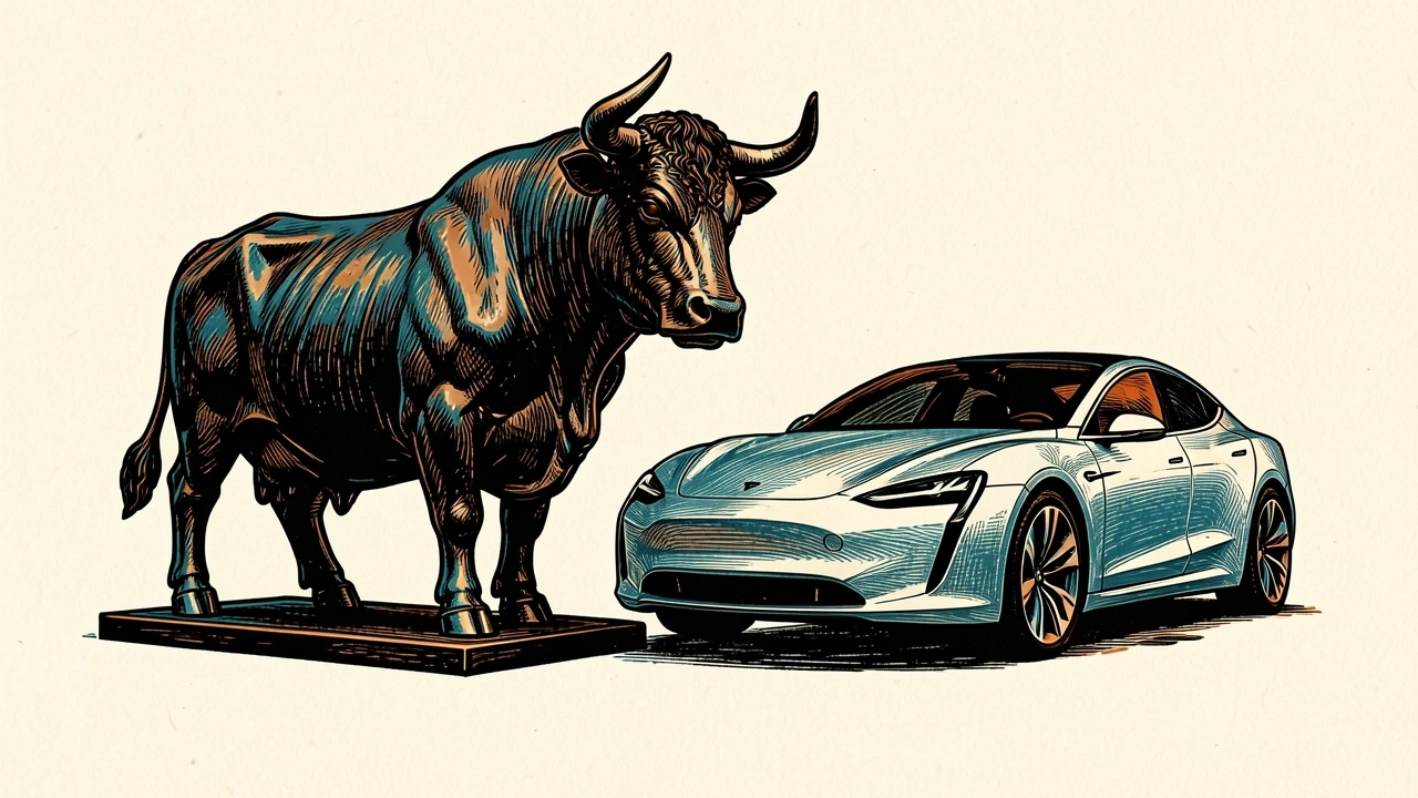 Tesla price target maintained by Tigress Financial, depicted by a bronze bull and a silver car silhouette.