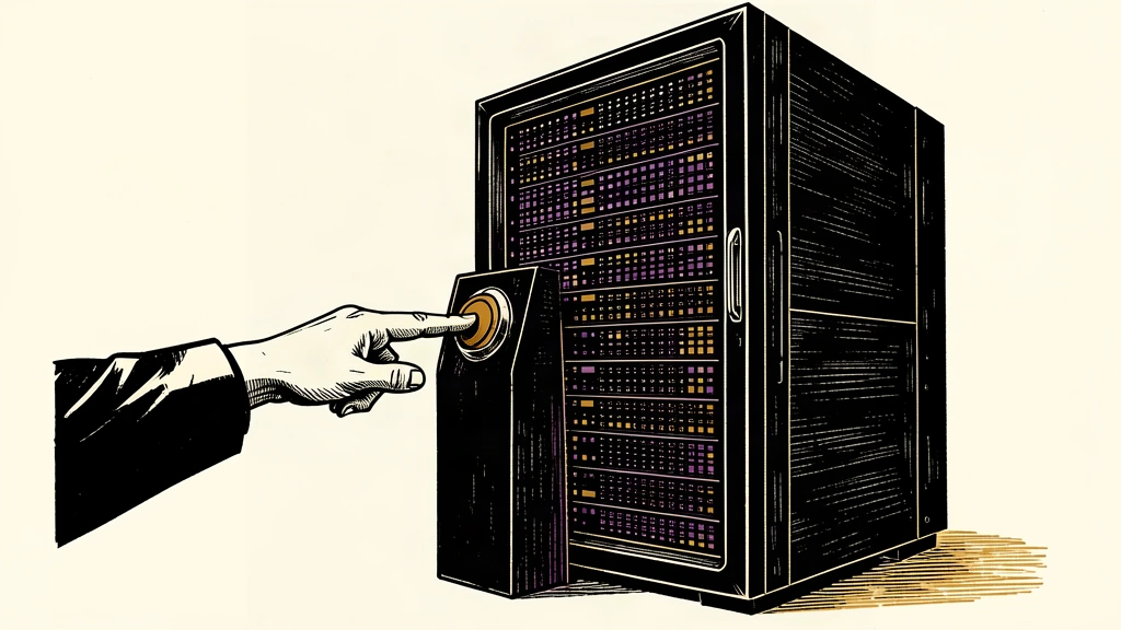 An editorial illustration showing a hand attempting to press a stop button that is shielded by a solid barrier, set against a towering server rack.