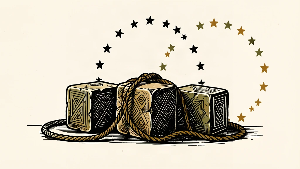 An editorial illustration showing three heavy stone blocks bound together by a rope, positioned near a large ring of stars on the ground.