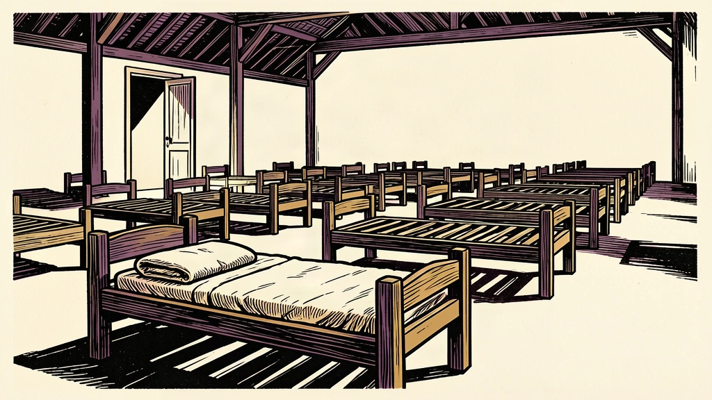 A perspective view of a large, mostly empty shelter hall filled with rows of vacant wooden cots, emphasizing low occupancy.