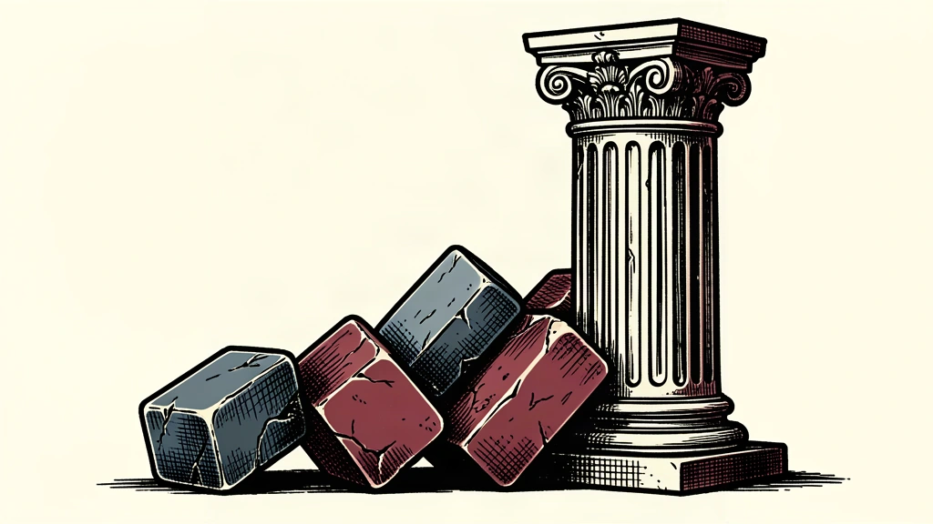 An illustration of five interlocking stone blocks pushing against the base of a large classical pillar, causing it to lean slightly.