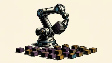 Robo.ai plans a reverse stock split: a large industrial robot arm holds one solid block above a grid of twenty-four smaller discarded blocks.