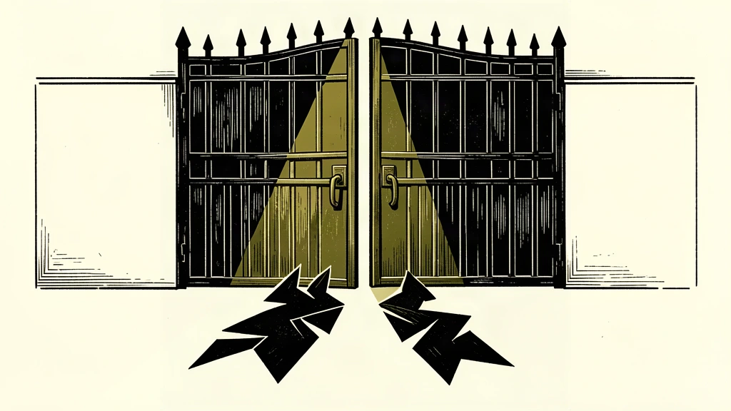 An editorial illustration of a large iron gate left slightly open, with two jagged black masses emerging from the gap into a bright spotlight.