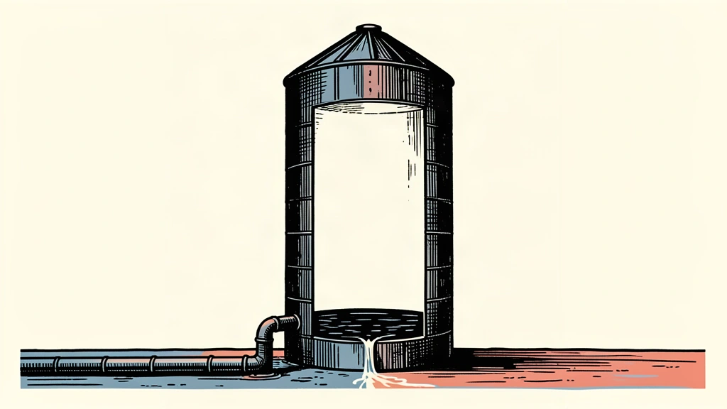A large industrial oil silo shown with a very low level of liquid at the bottom, emphasizing the vast empty space inside.