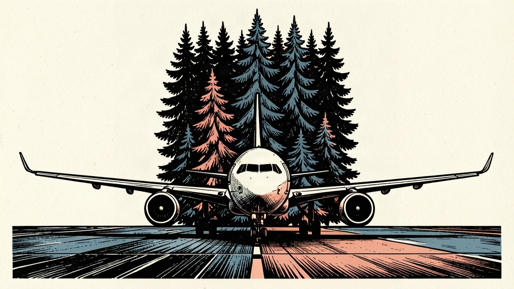 An editorial illustration showing a commercial jet on a runway blocked by a tall wall of evergreen trees, representing the conflict between airport expansion and climate goals.
