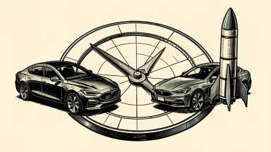 Tesla and SpaceX merger speculation: an electric car and a rocket positioned around a large prediction market dial.